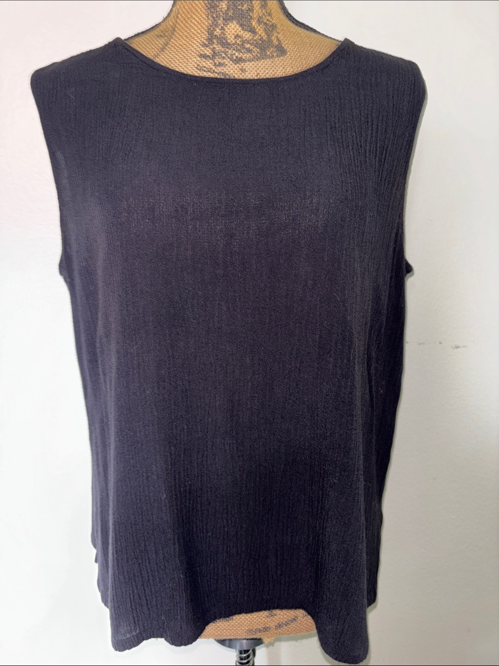 Classic Semi Sheer Black Ribbed Crewneck Gauze Tank Top